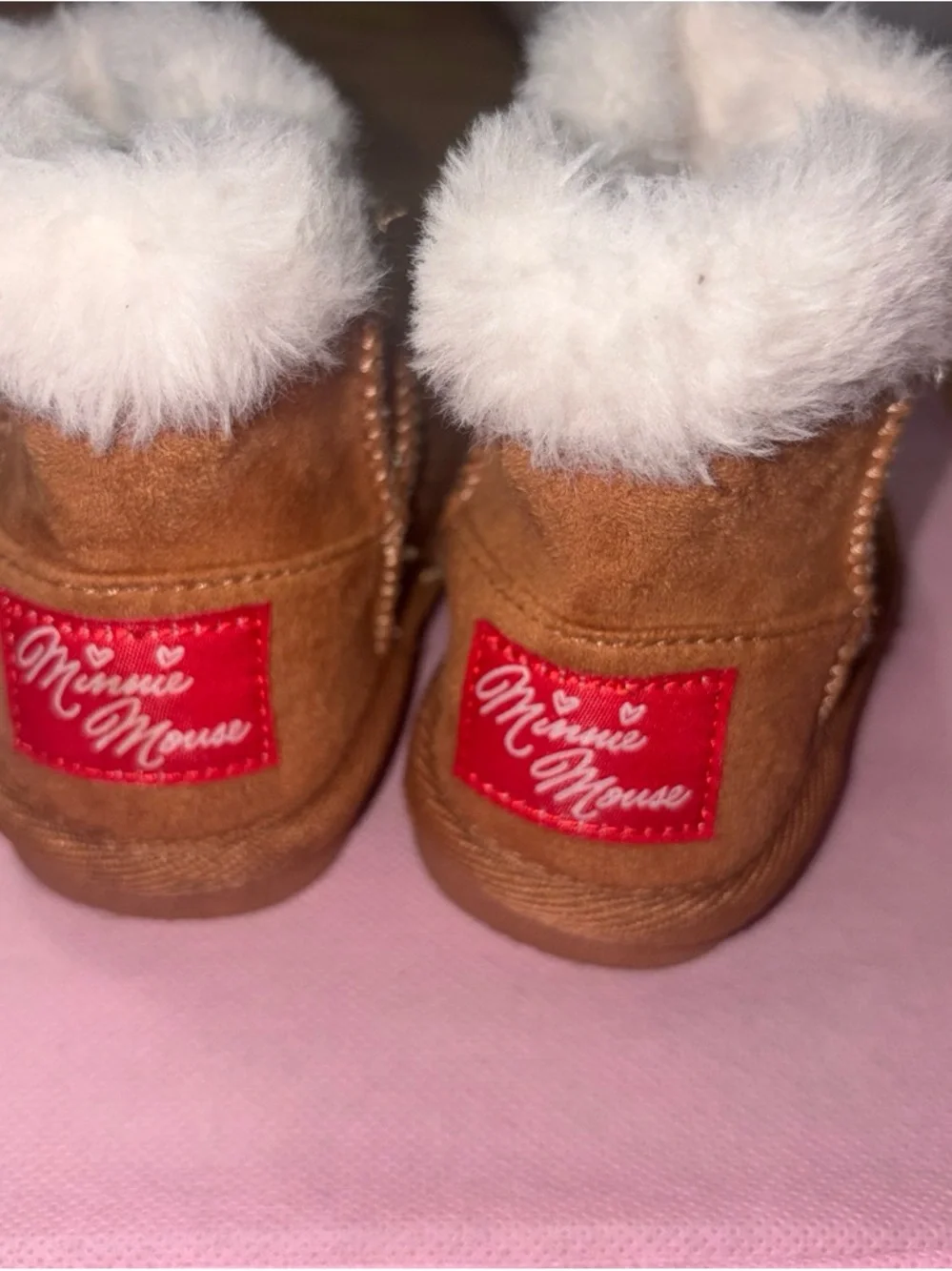 Kids Tan Shearling Boots with Red Logo